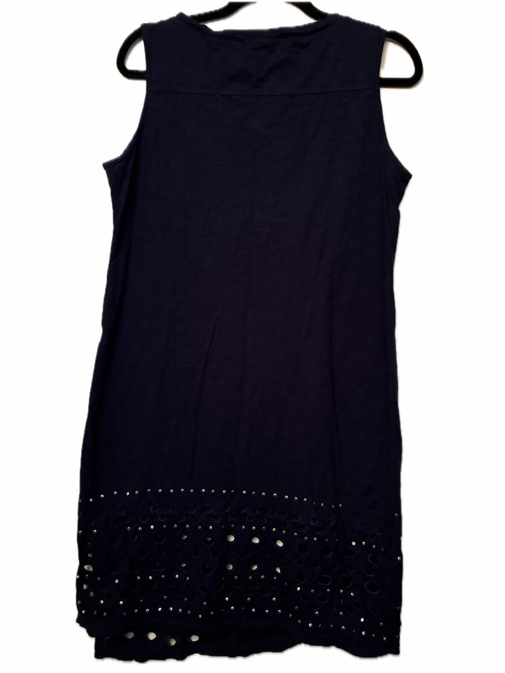 NEON BUDDHA Heartbeat Navy Studded Eyelet Asymmetrical Shift Dress L Lagenlook - Picture 12 of 16